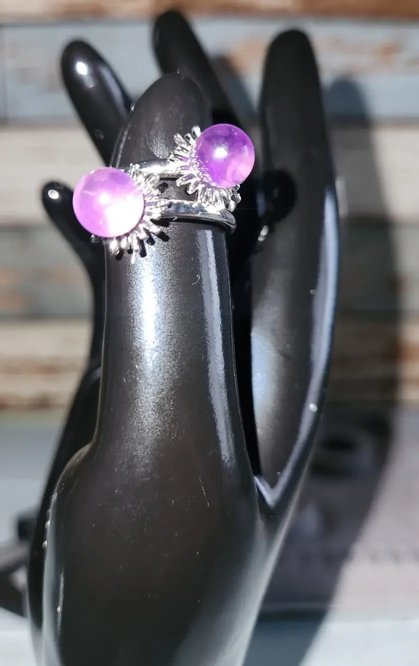 Adjustable Amethyst Gemstone Rings Purple Stone Silver Tone Set of 2